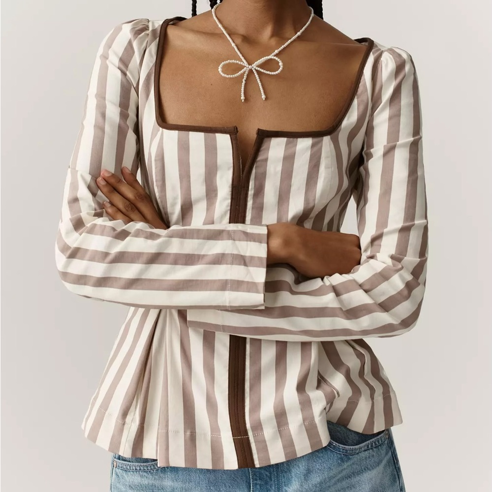 NWT Maeve by Anthropologie Brown and Cream Striped Square-Neck Blouse
